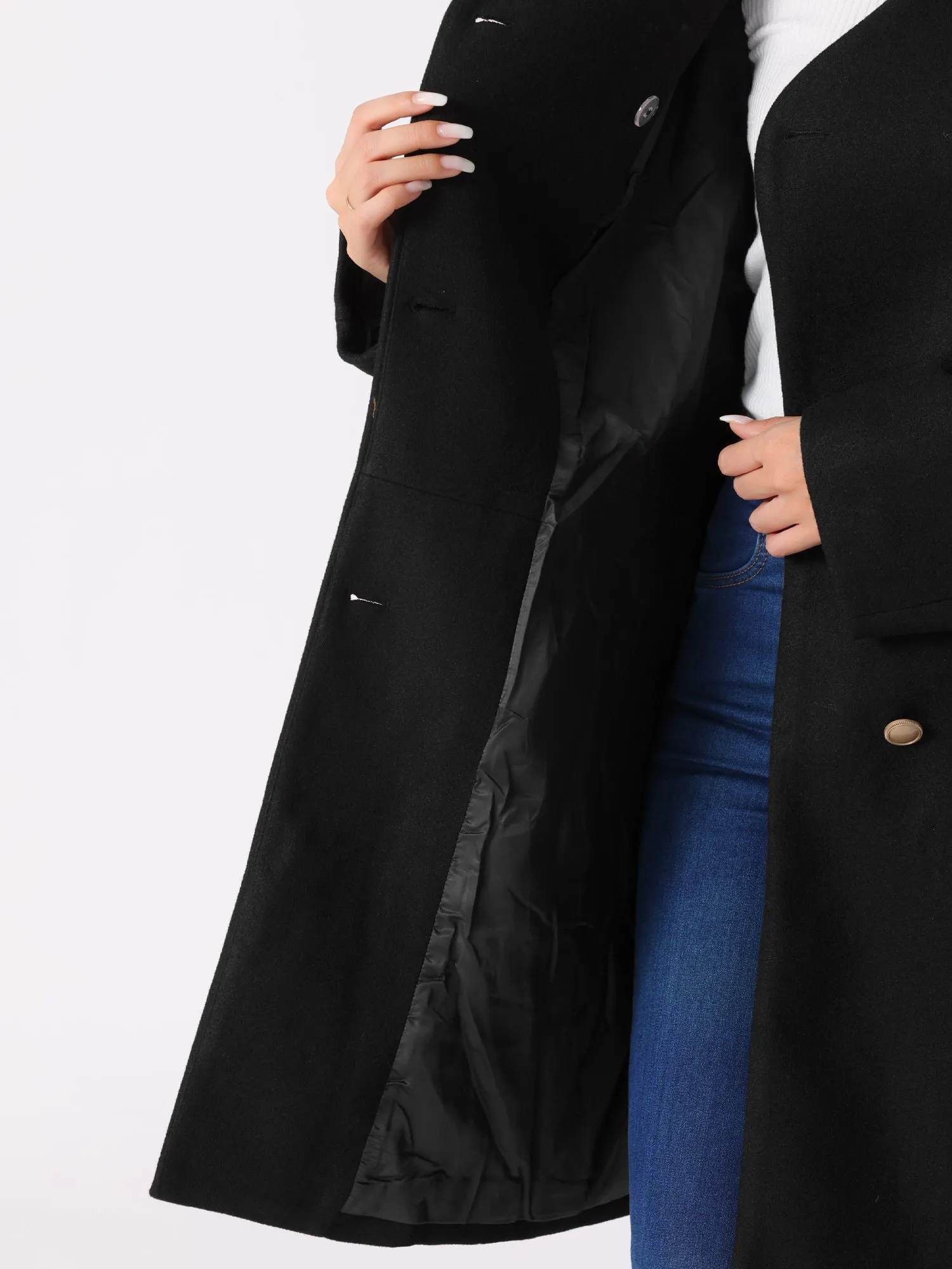 Elegant Stand Collar Long Sleeve Button Belted Winter Classic Pea Coat