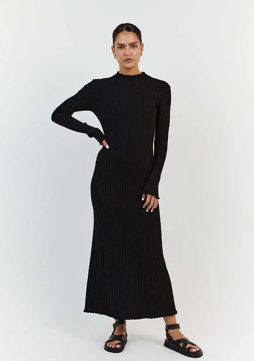 Evva Frill Neck Ribbed Knit Maxi Dress - 3 Colors