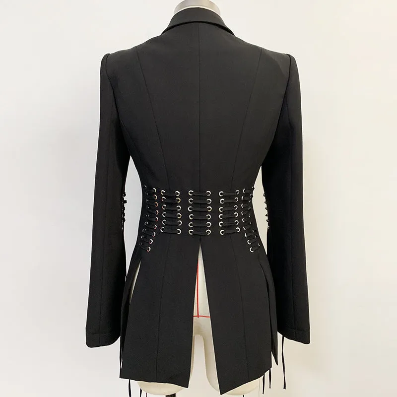 Executive Edge, Black Eyelet Waisted and Sleeves Women's Jacket