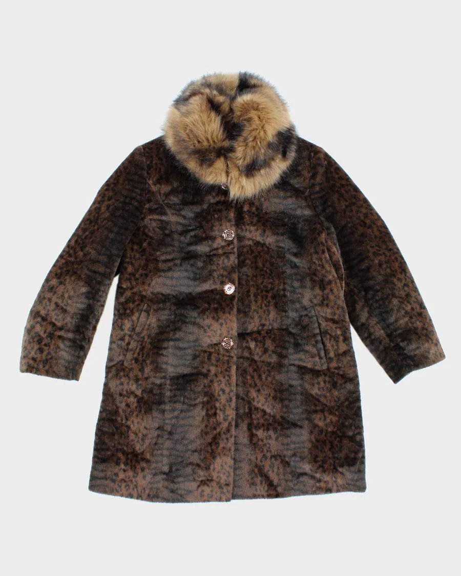 Faux Fur Hooded Fleece Lined Leopard Print Coat - L