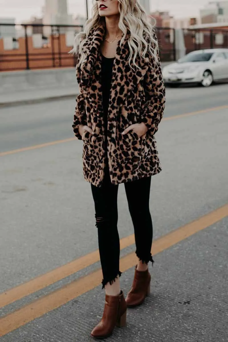 Florcoo Women's Lapel Leopard Coat