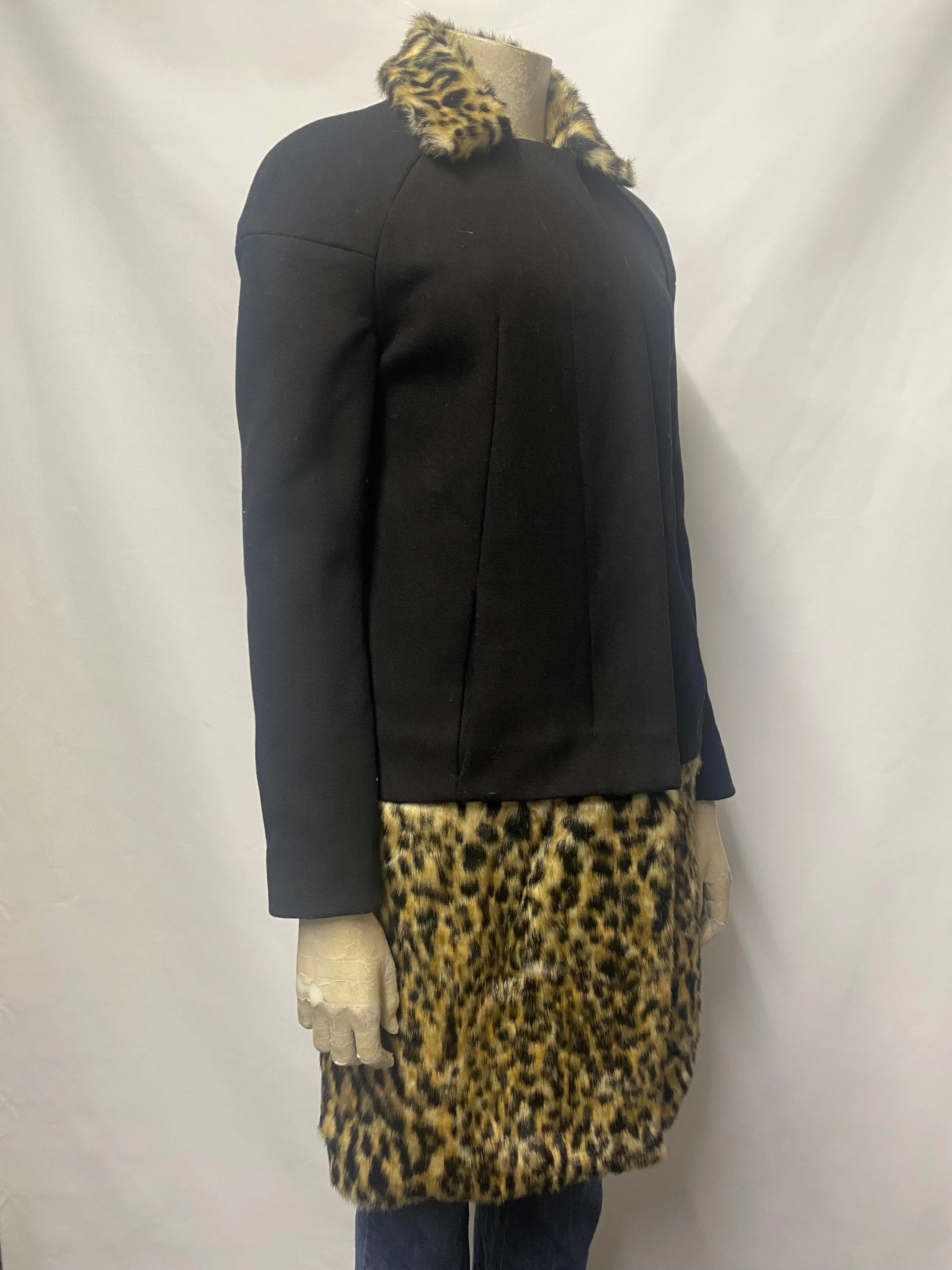 French Connection Black and Leopard Faux Fur Coat 6