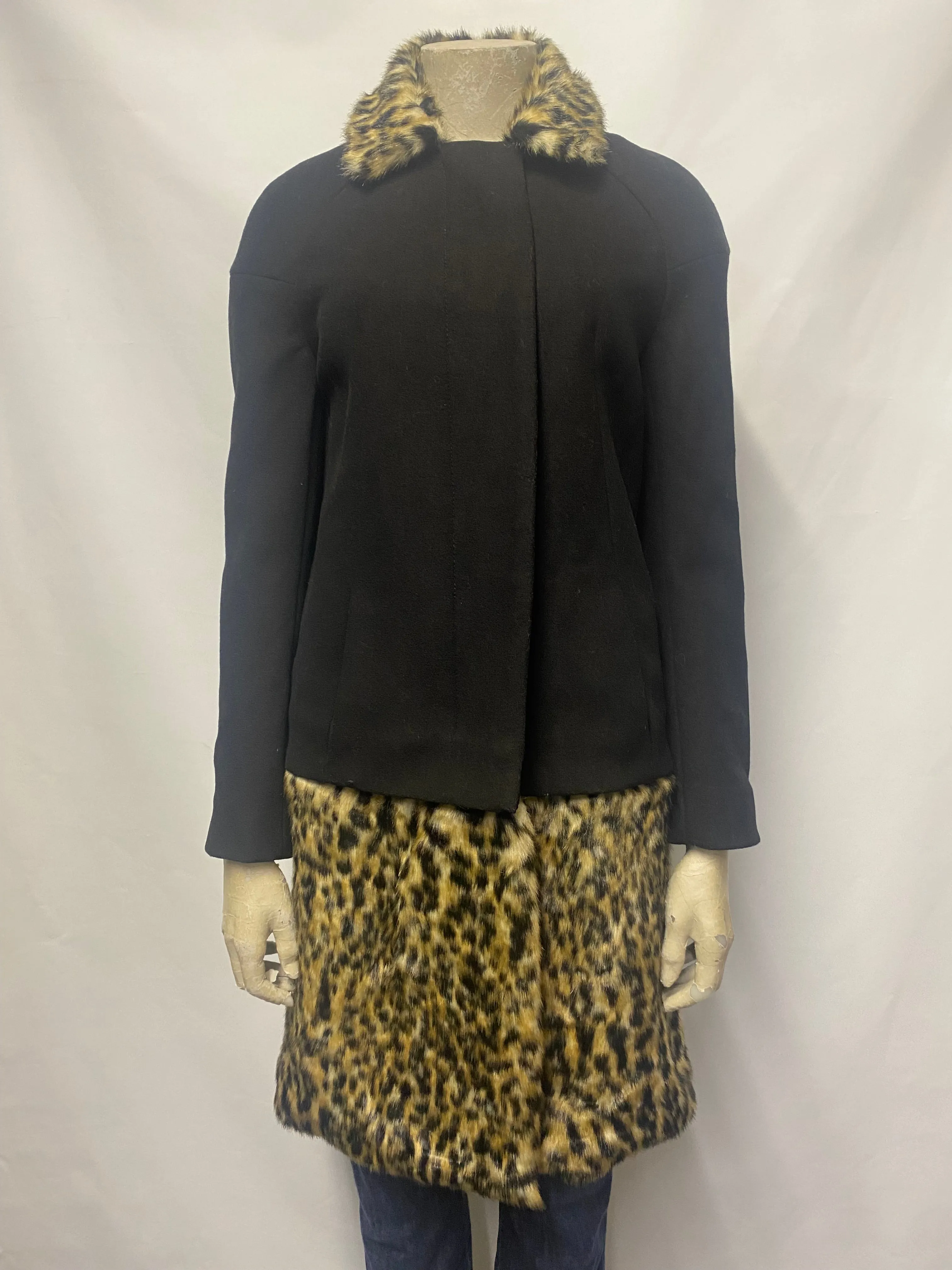 French Connection Black and Leopard Faux Fur Coat 6