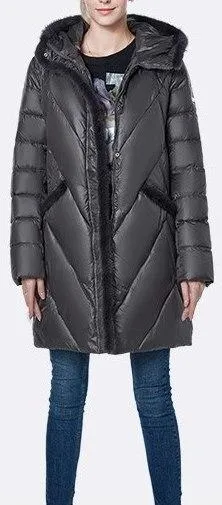 Fur-Trim Hooded Puffer Coat - Light Grey, Black or Green