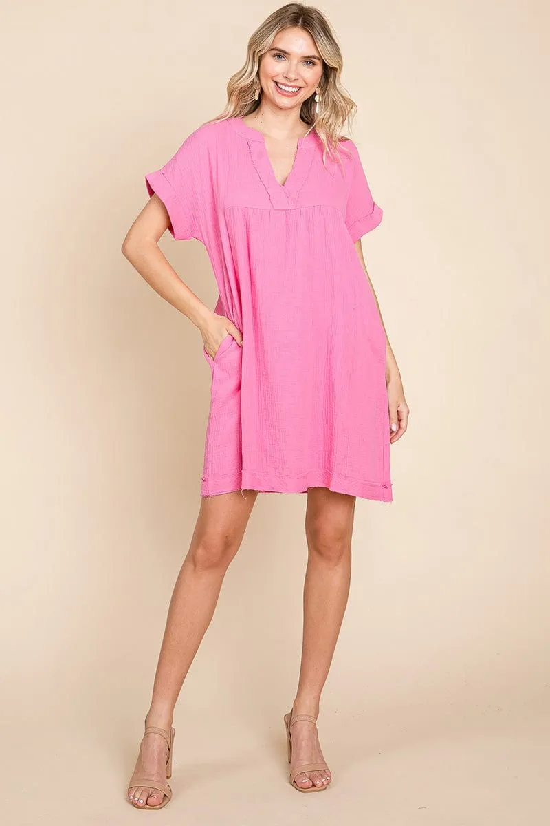 Gauze Raw Edge V neck Pocket Shift Mini Dress, S-3X