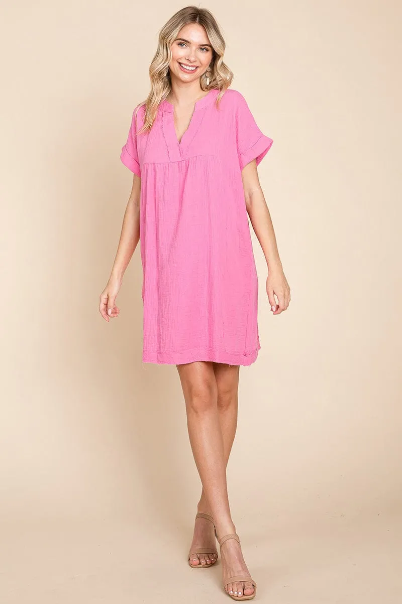 Gauze Raw Edge V neck Pocket Shift Mini Dress, S-3X