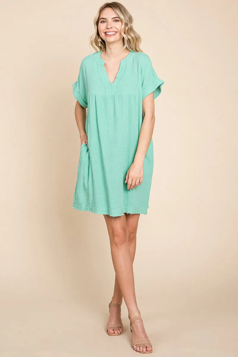 Gauze Raw Edge V neck Pocket Shift Mini Dress, S-3X