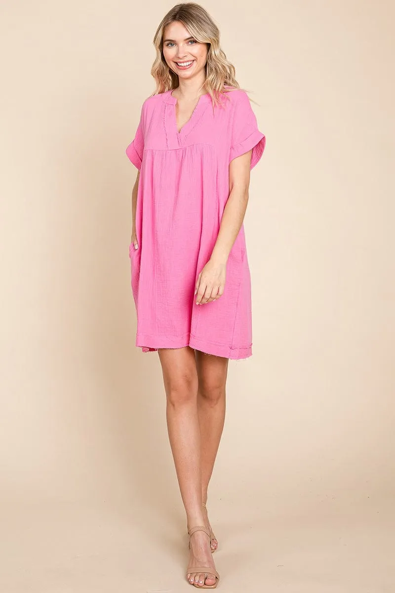 Gauze Raw Edge V neck Pocket Shift Mini Dress, S-3X