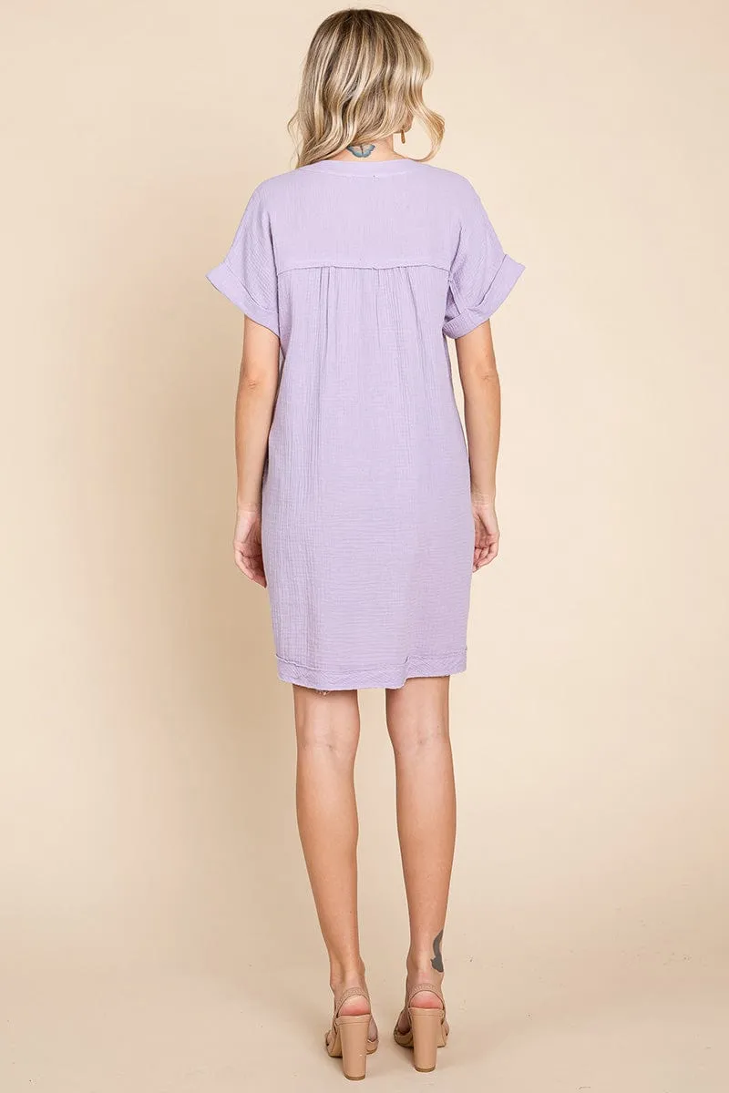 Gauze Raw Edge V neck Pocket Shift Mini Dress, S-3X