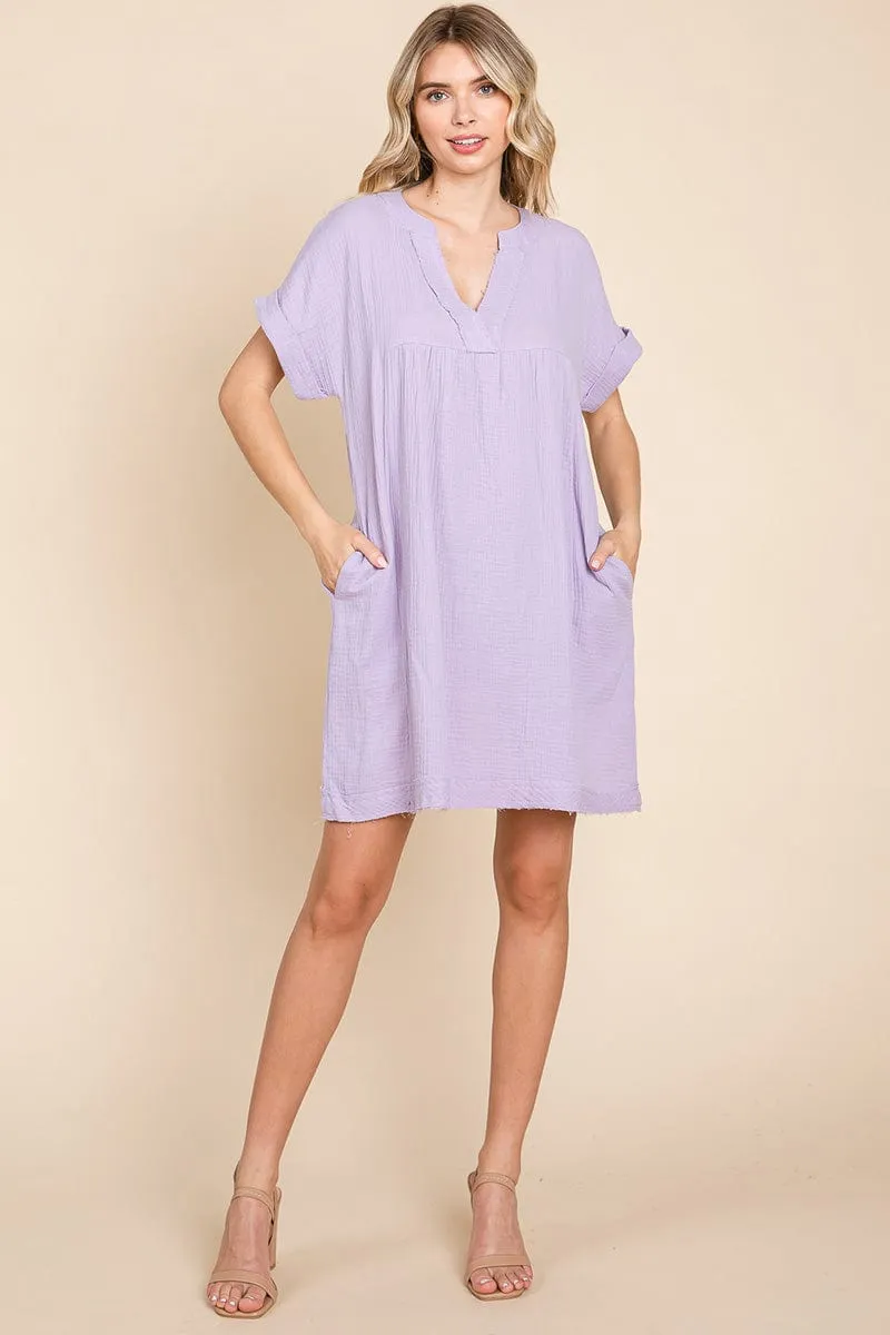 Gauze Raw Edge V neck Pocket Shift Mini Dress, S-3X