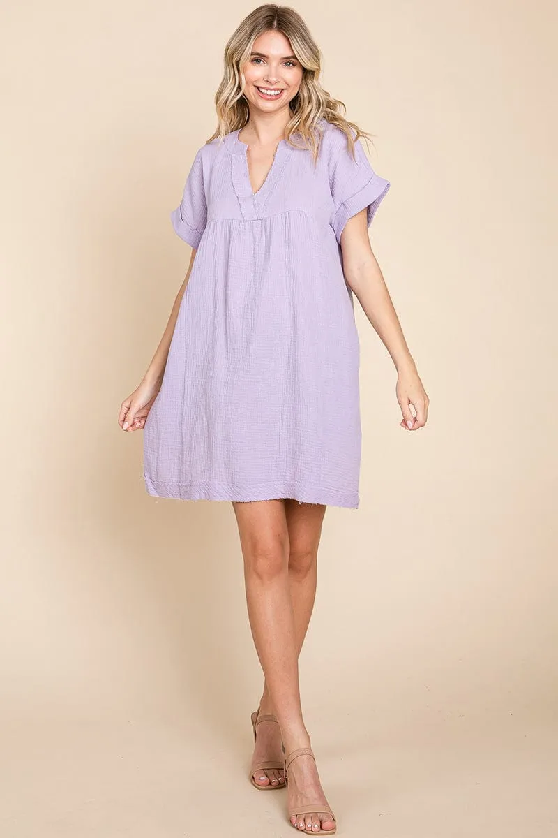 Gauze Raw Edge V neck Pocket Shift Mini Dress, S-3X