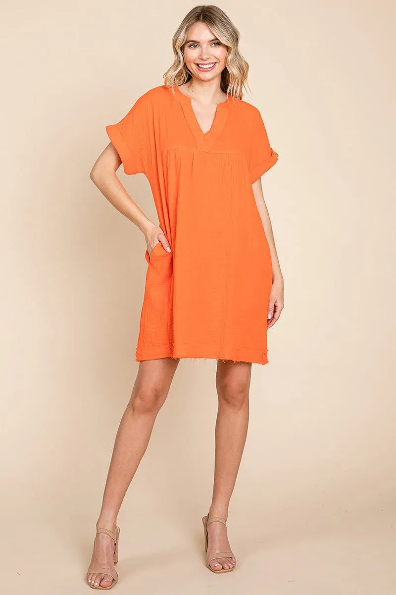 Gauze Raw Edge V neck Pocket Shift Mini Dress, S-3X