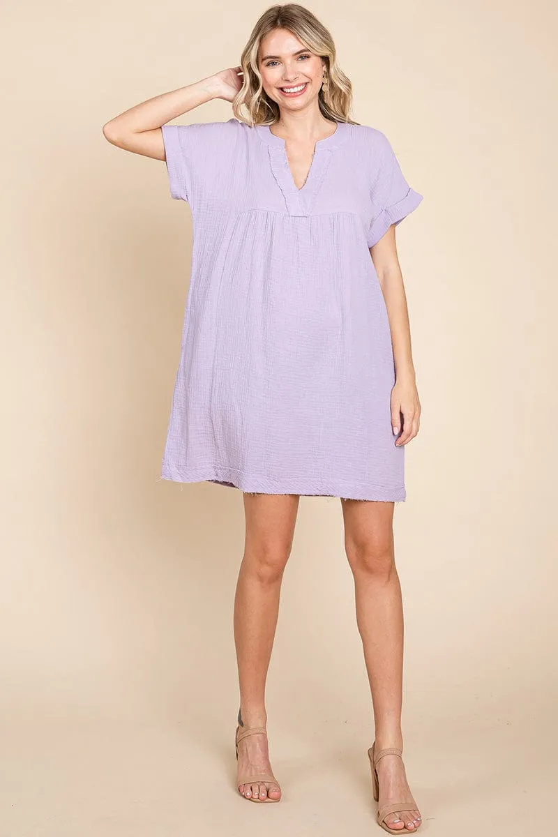 Gauze Raw Edge V neck Pocket Shift Mini Dress, S-3X