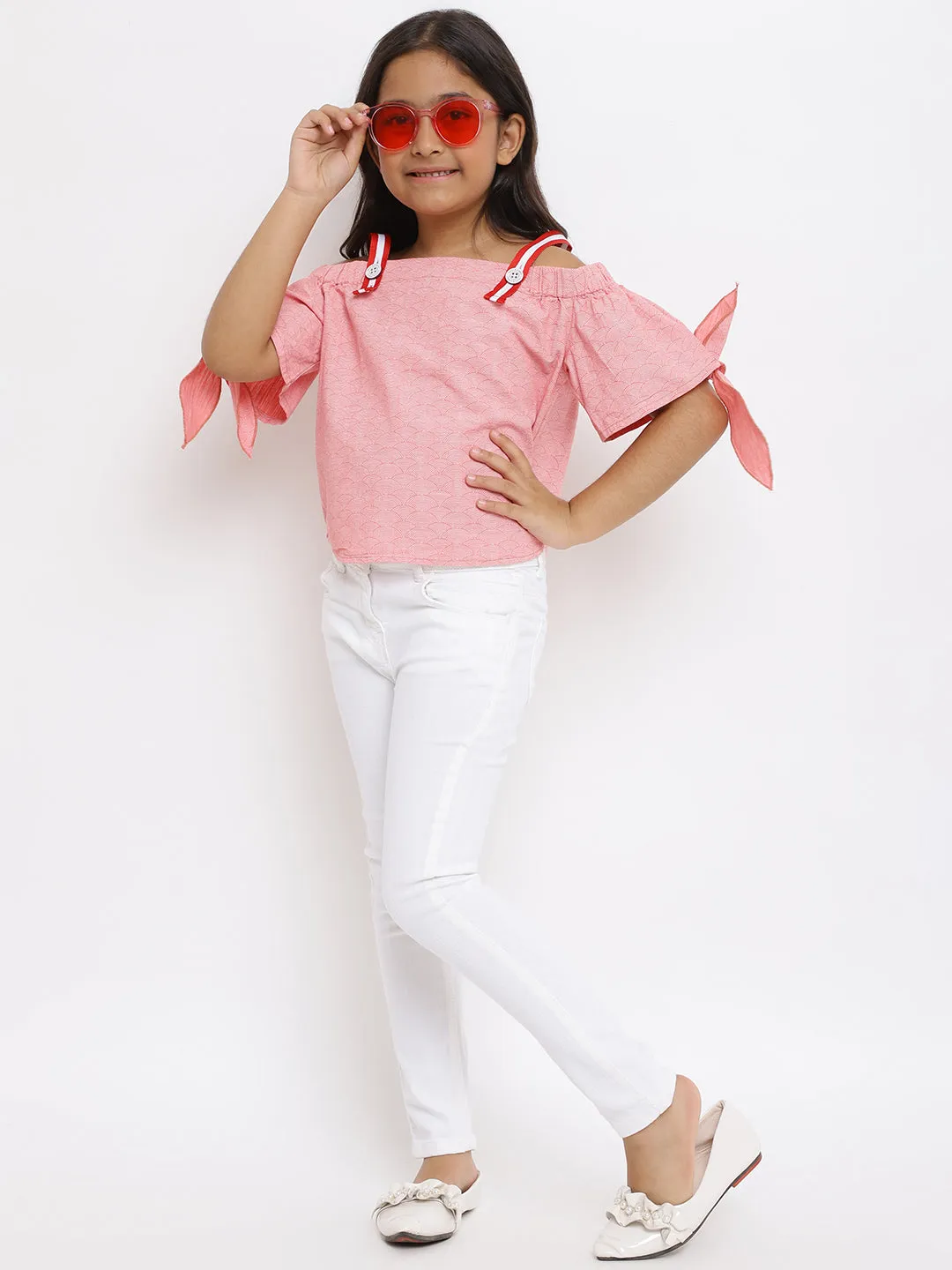 Girls Pink Printed Cotton Top