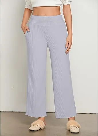 Grey  Women's Ankle-Length High-Waist Pants Relaxed Fit Wide-Leg Pull-On Side Pocket