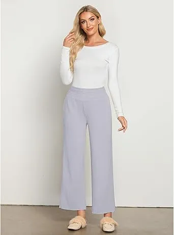 Grey  Women's Ankle-Length High-Waist Pants Relaxed Fit Wide-Leg Pull-On Side Pocket