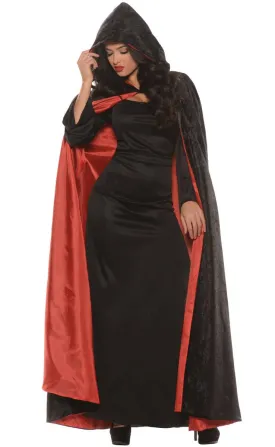 Hooded Black Velvet Cloak with Red Satin Lining