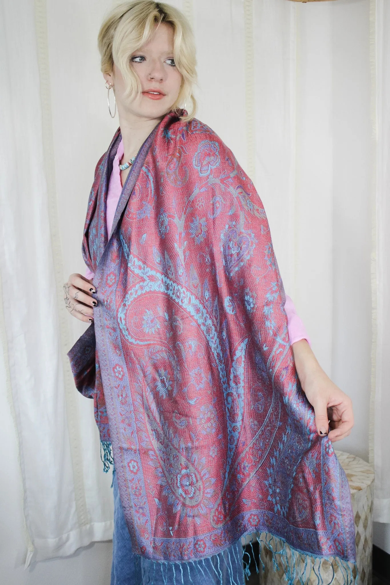 Intricate Pink & Blue Woven Silk Scarf