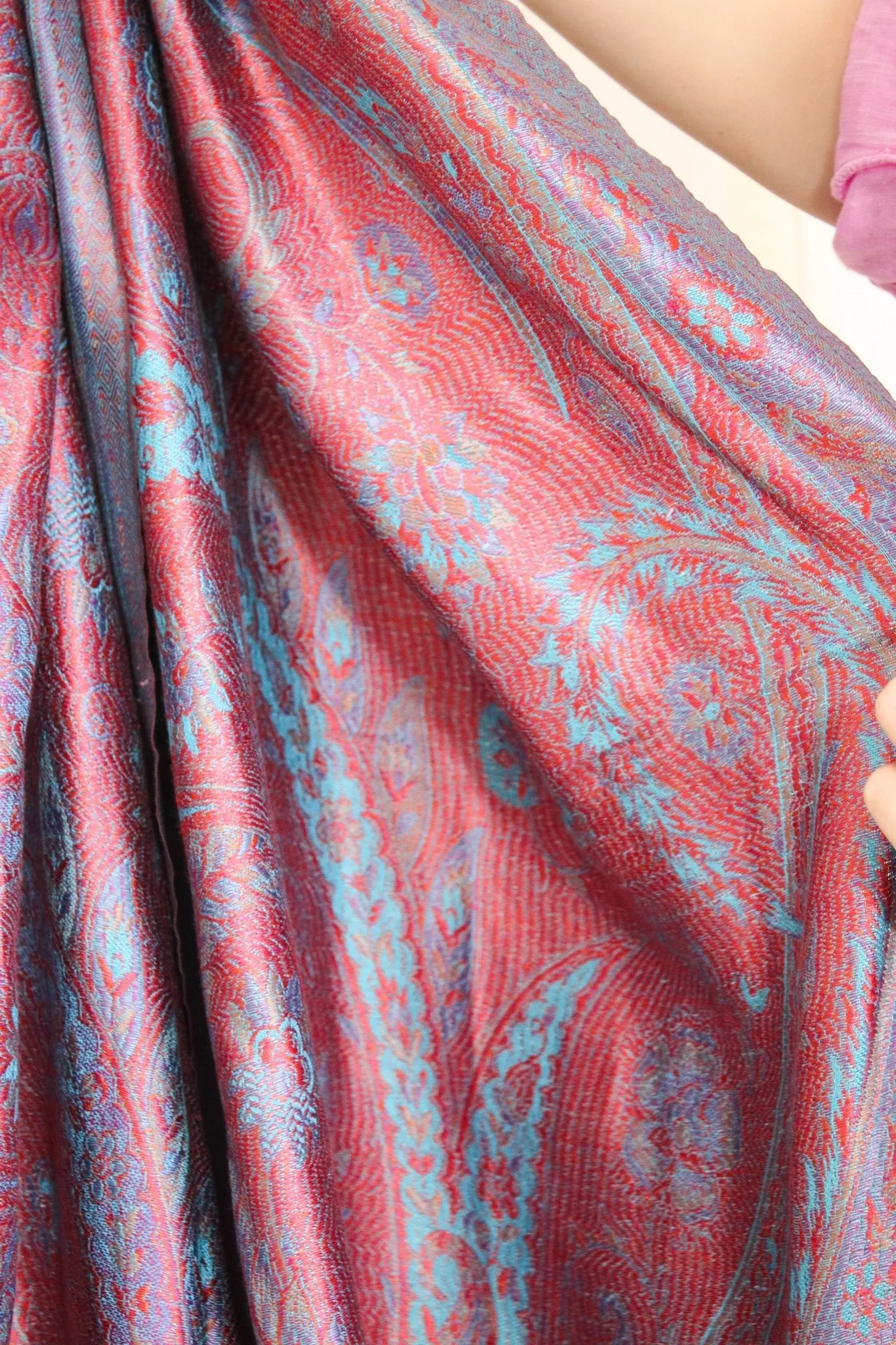 Intricate Pink & Blue Woven Silk Scarf