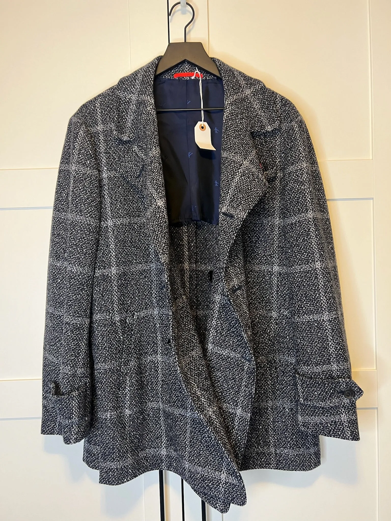 Isaia Napoli Plaid Navy Coat, Size 54R