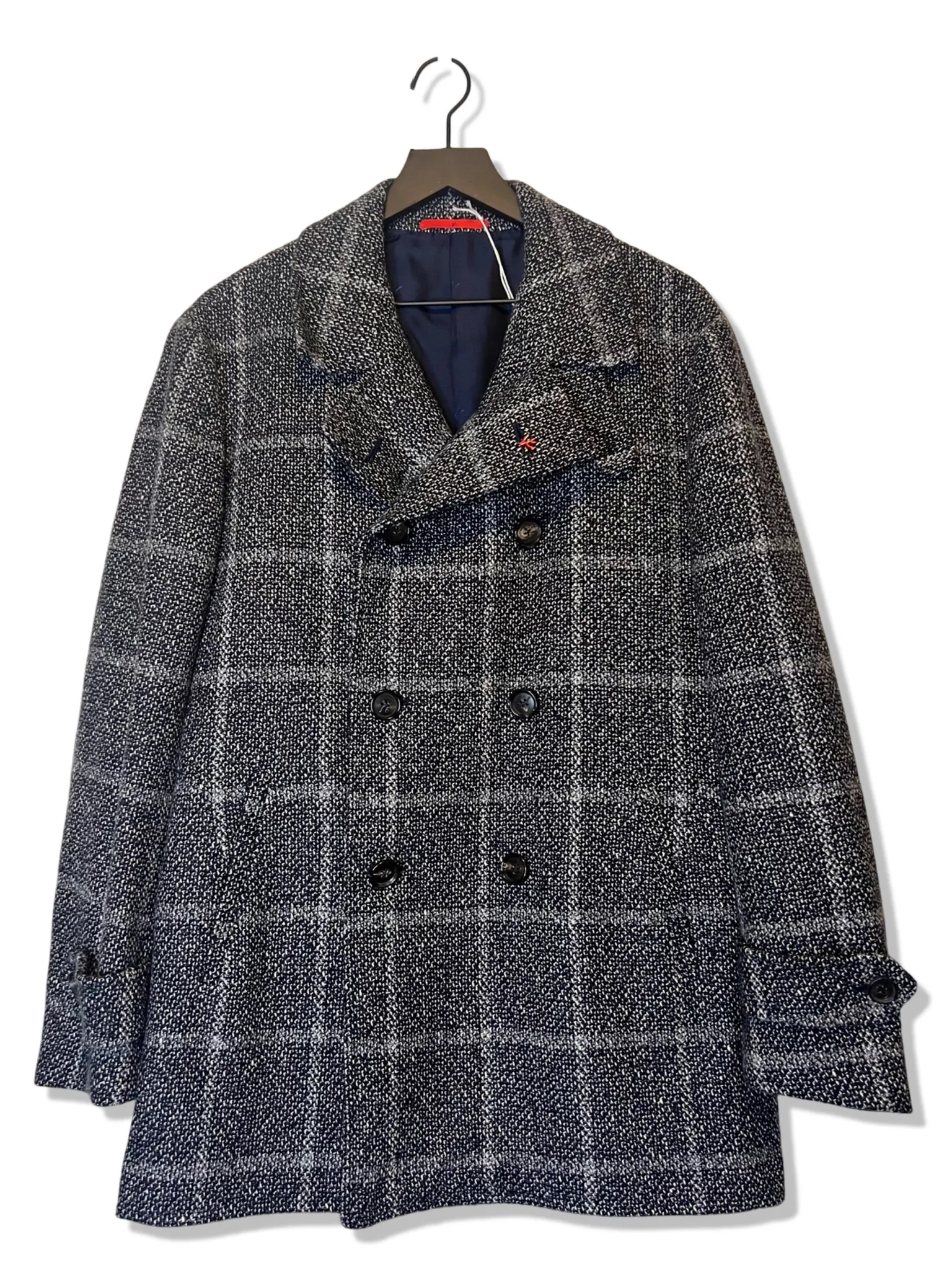 Isaia Napoli Plaid Navy Coat, Size 54R