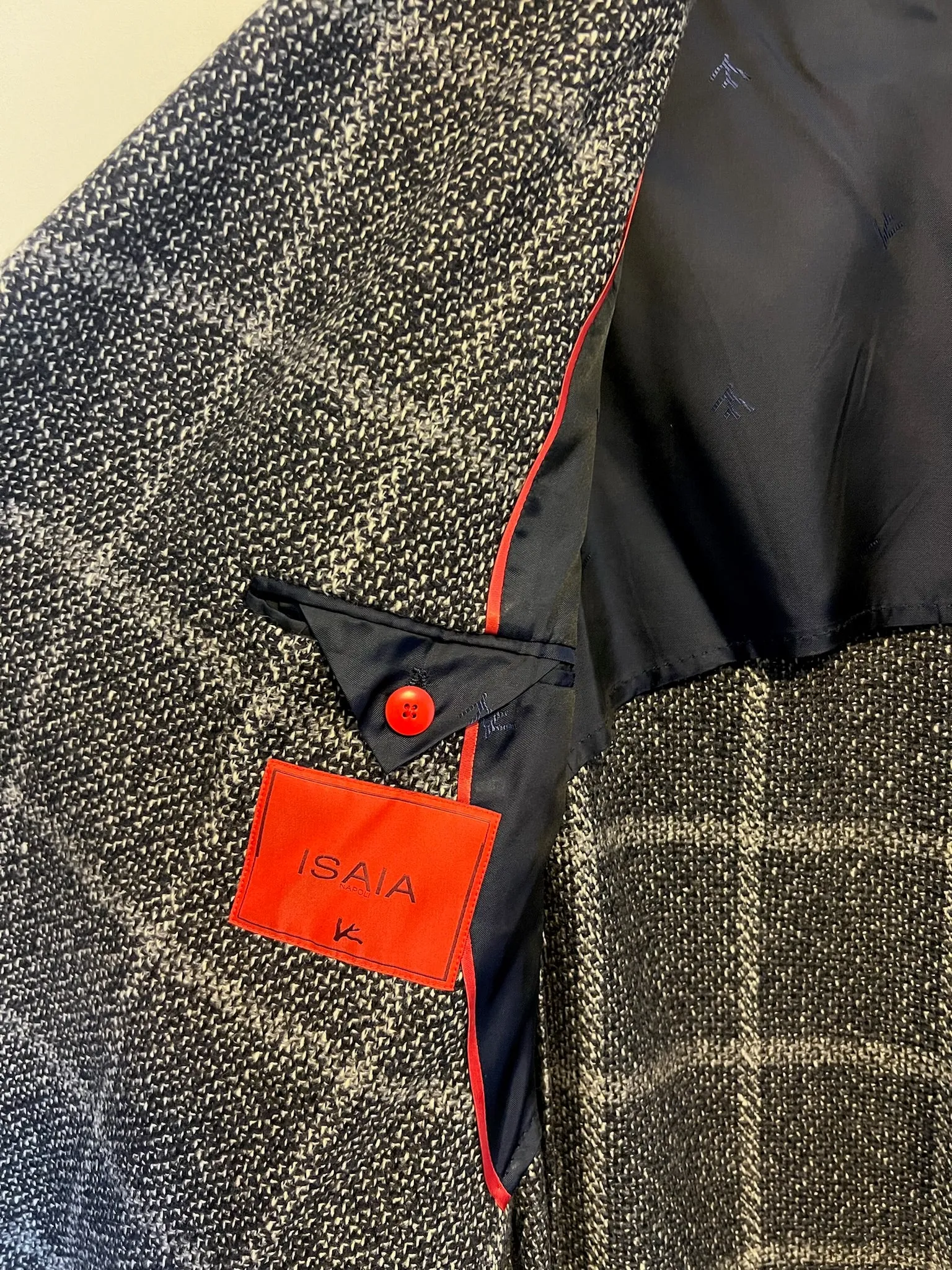 Isaia Napoli Plaid Navy Coat, Size 54R