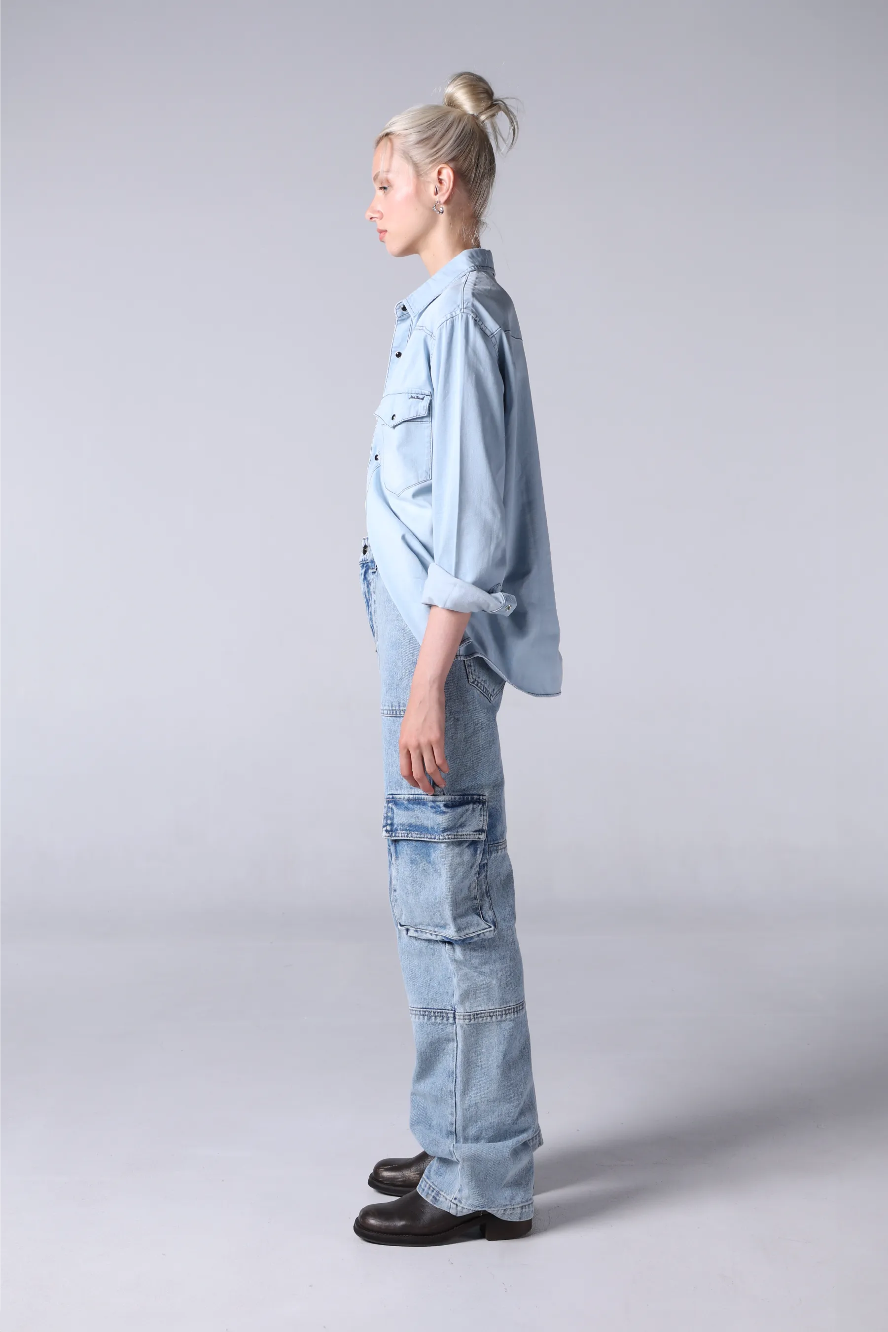 Jack Russel - Women Cargo Jeans - Handwerk JF-150 Straight Fit Bleached Look Blue High Waisted