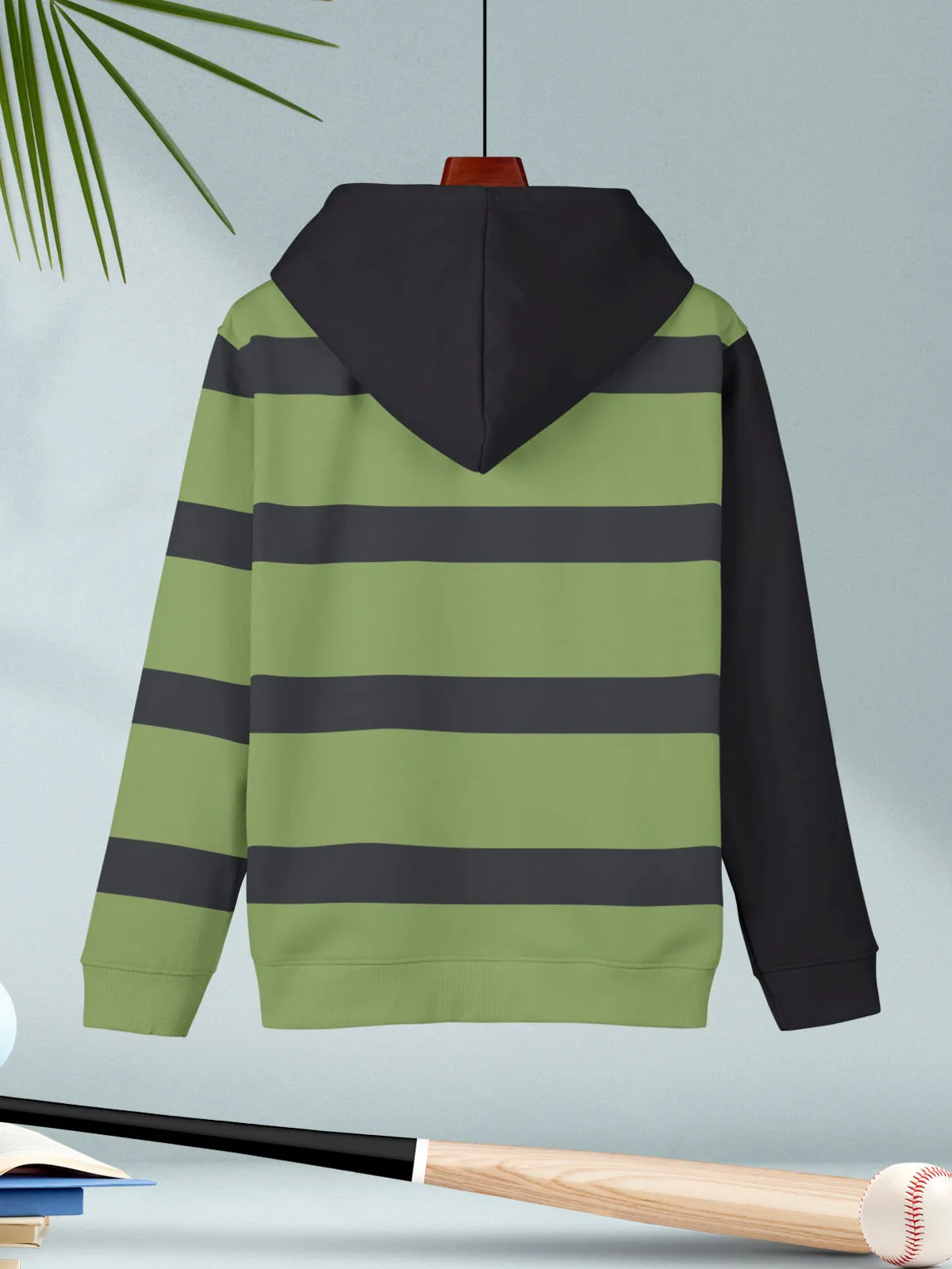 Jade Green Striped Cotton Blend Hoodie Sweatshirt For Boys