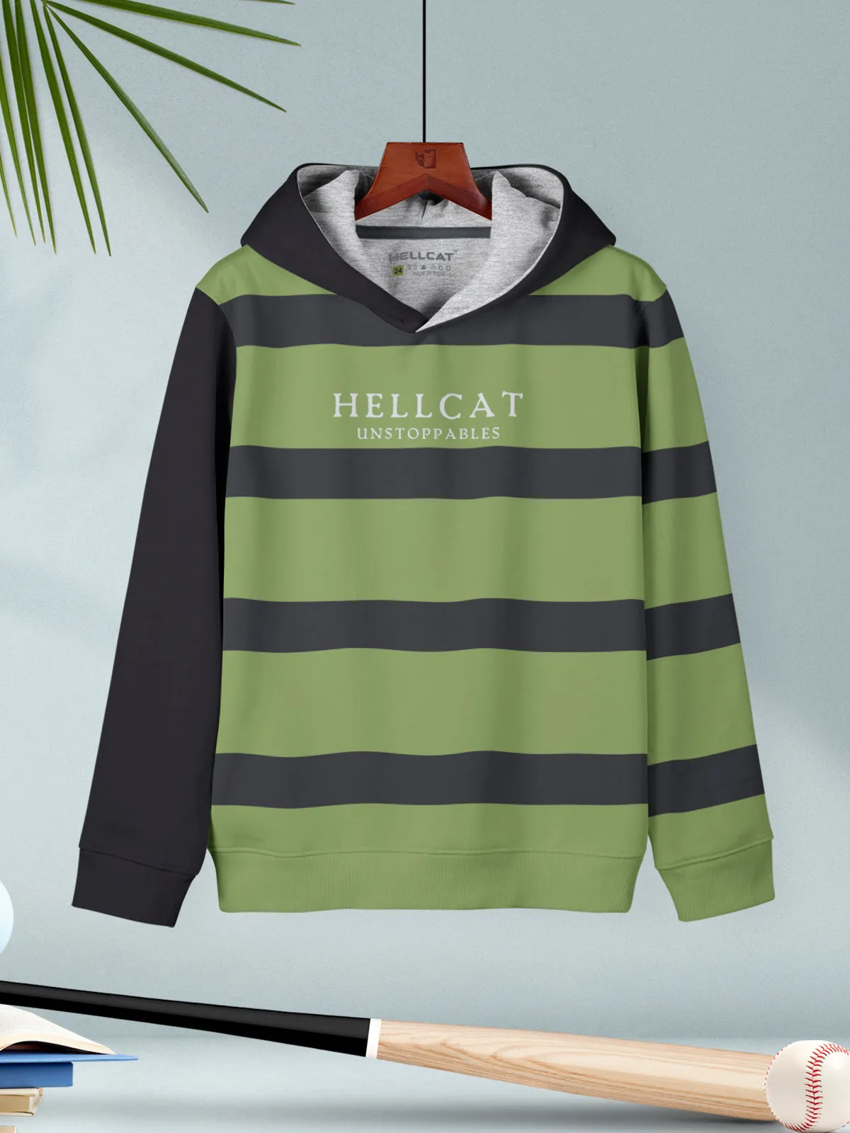 Jade Green Striped Cotton Blend Hoodie Sweatshirt For Boys