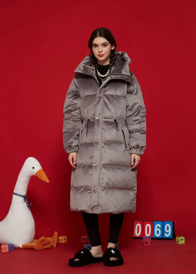 Khaki Hooded Goose Down Puffer Long Coat