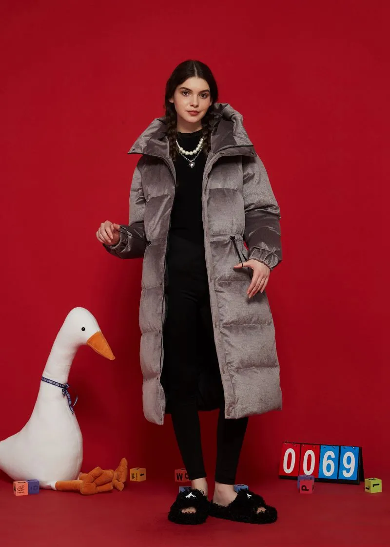 Khaki Hooded Goose Down Puffer Long Coat