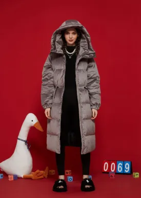 Khaki Hooded Goose Down Puffer Long Coat