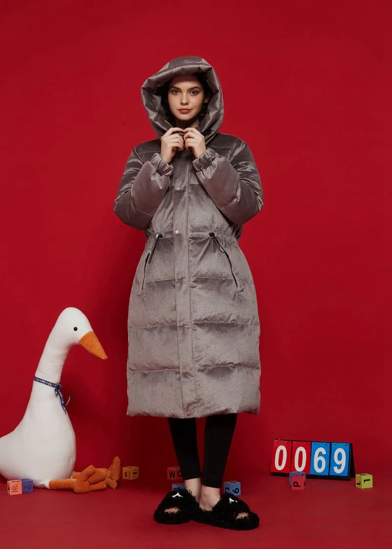 Khaki Hooded Goose Down Puffer Long Coat