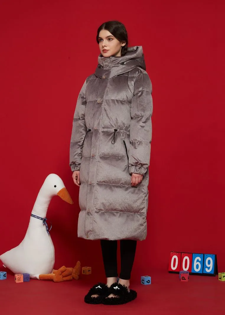 Khaki Hooded Goose Down Puffer Long Coat