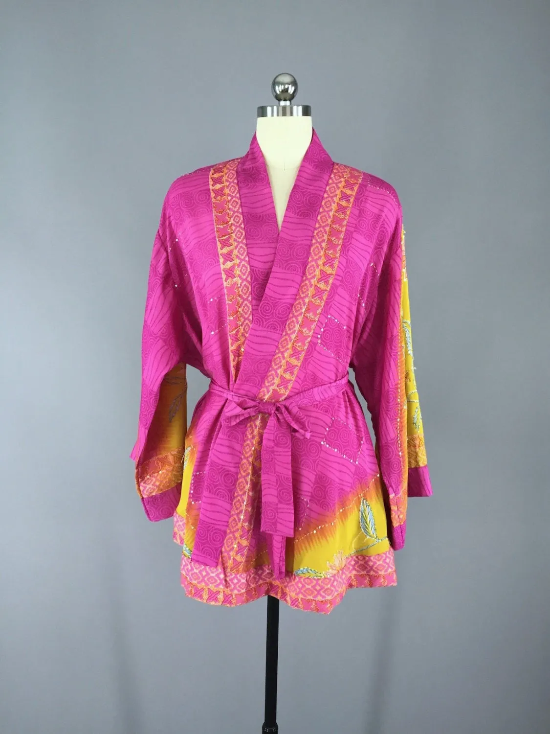 Kimono Cardigan / Vintage Indian Sari / Pink Yellow Floral Embroidered