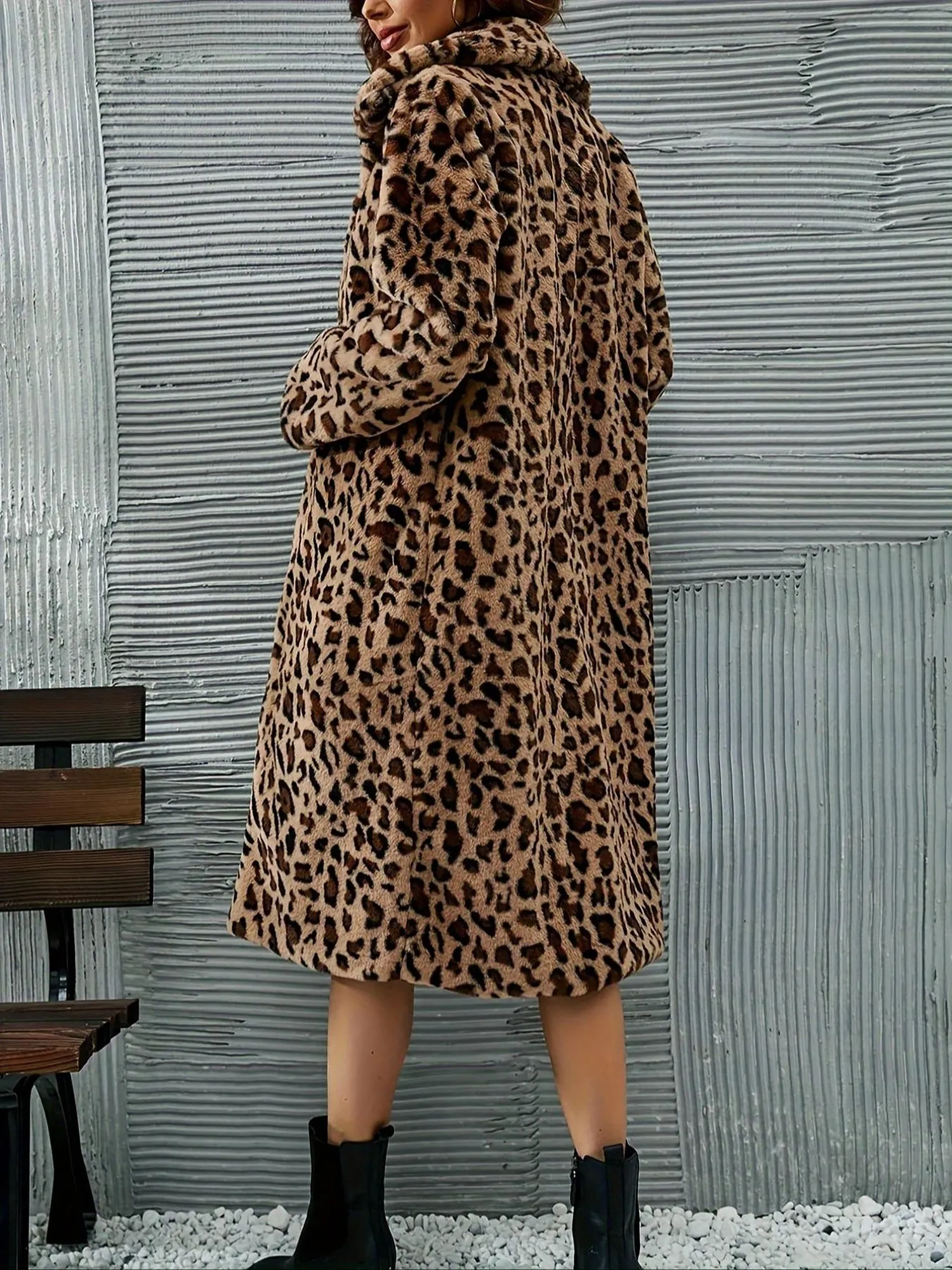 Lapel Faux Fur Leopard Print Plush Long Coat