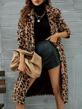 Lapel Faux Fur Leopard Print Plush Long Coat