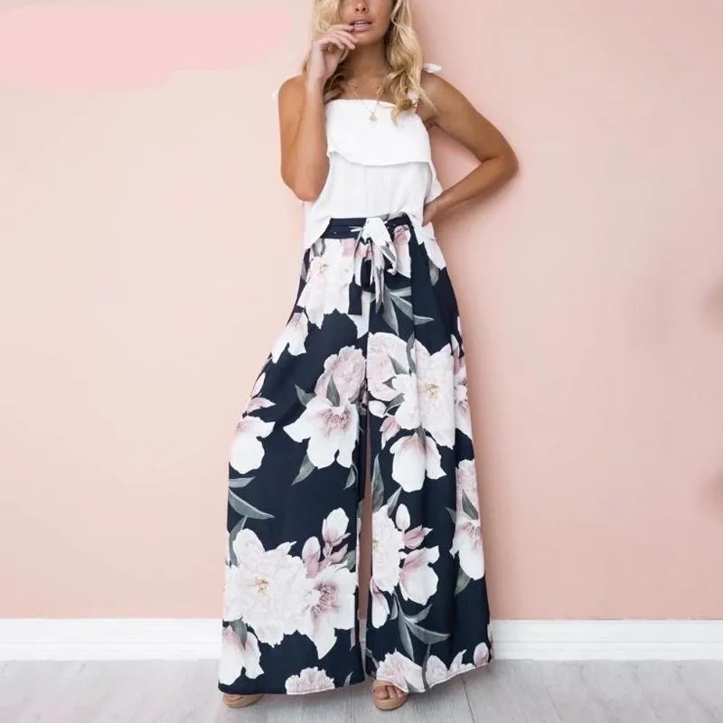 Large Floral Print wide leg pants - navy