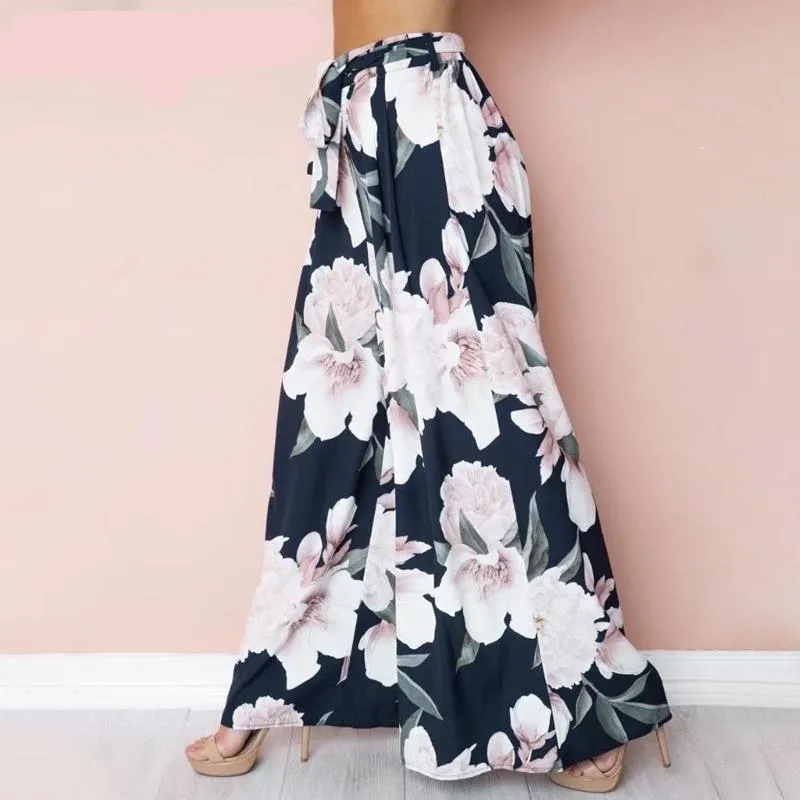 Large Floral Print wide leg pants - navy