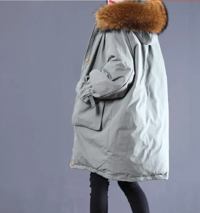 Large Fur Loose Plus size Side Pockets Hooded  Down Jacket Women Down Coats