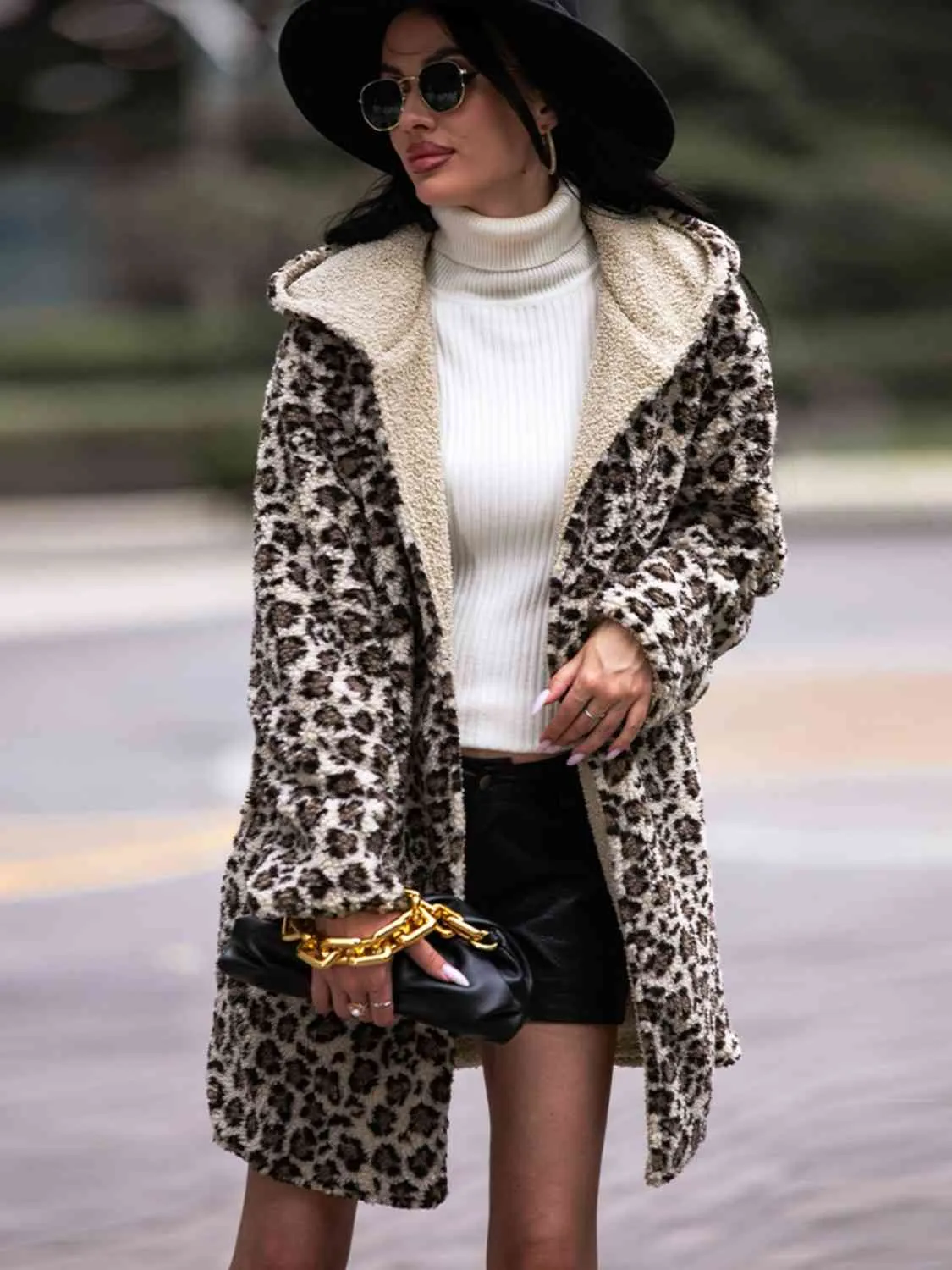 Leopard Hooded Sherpa Coat with Pockets