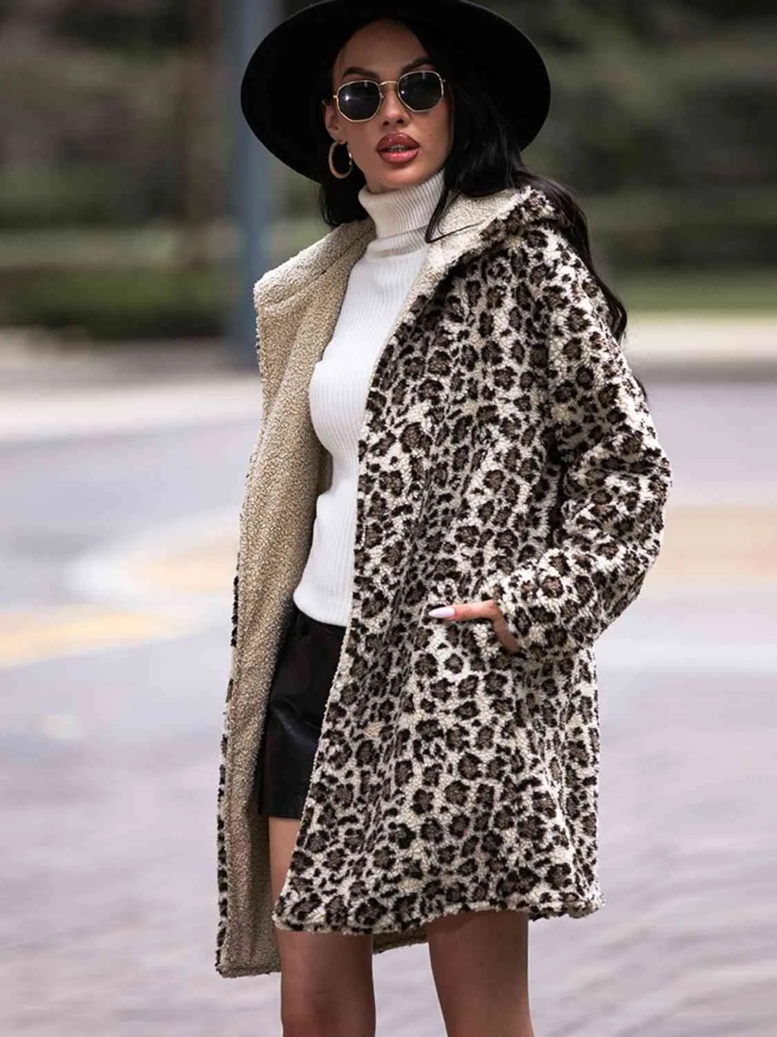 Leopard Hooded Sherpa Coat with Pockets