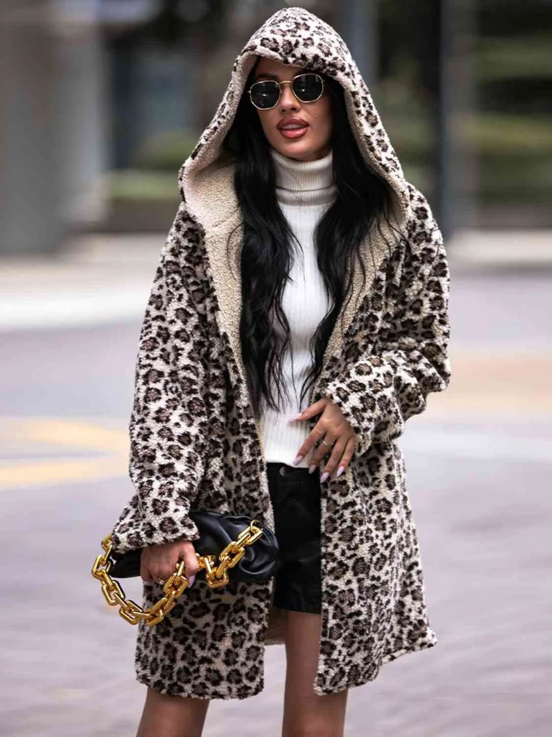 Leopard Hooded Sherpa Coat with Pockets