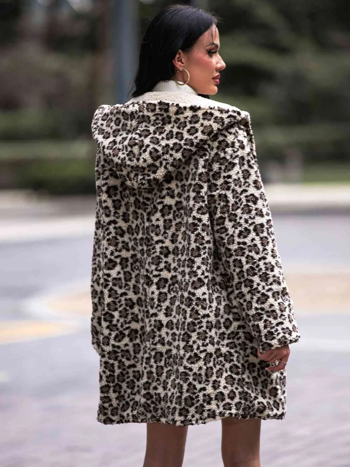 Leopard Hooded Sherpa Coat with Pockets