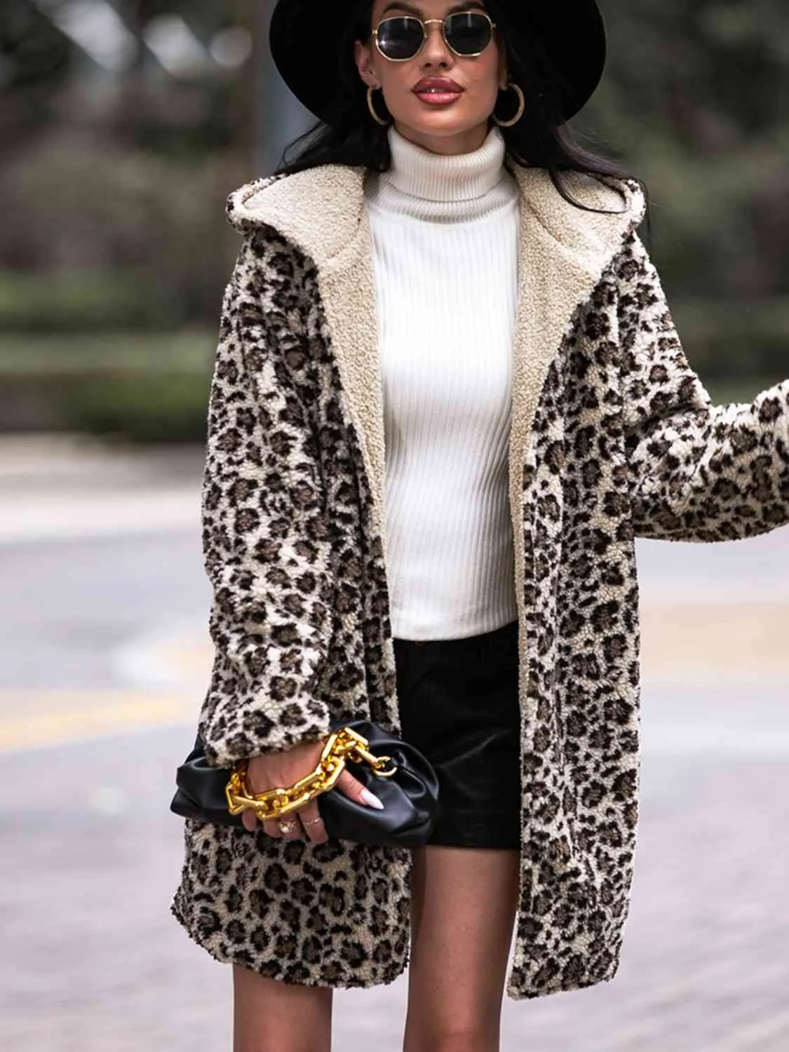 Leopard Hooded Sherpa Coat with Pockets