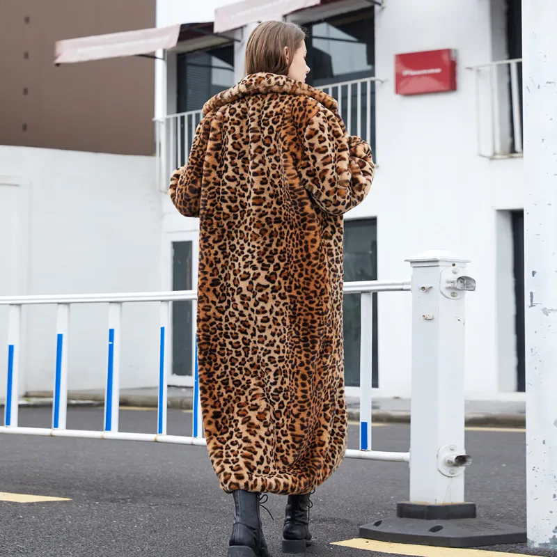 Leopard Print Faux Fur Long Coat