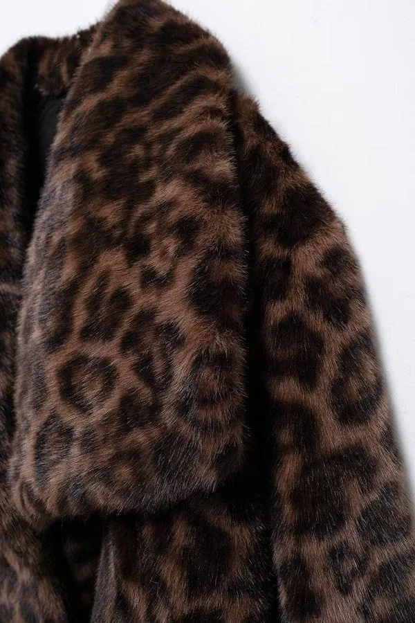 Leopard V-Neck Faux Fur Coat