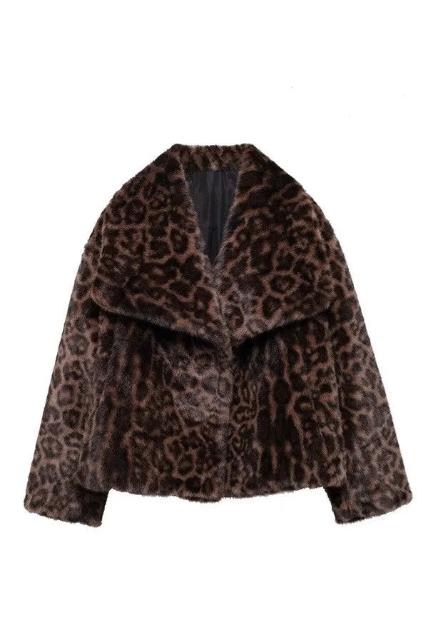 Leopard V-Neck Faux Fur Coat