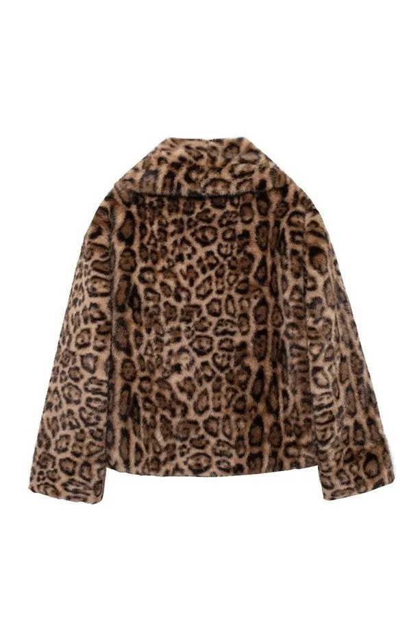 Leopard V-Neck Faux Fur Coat