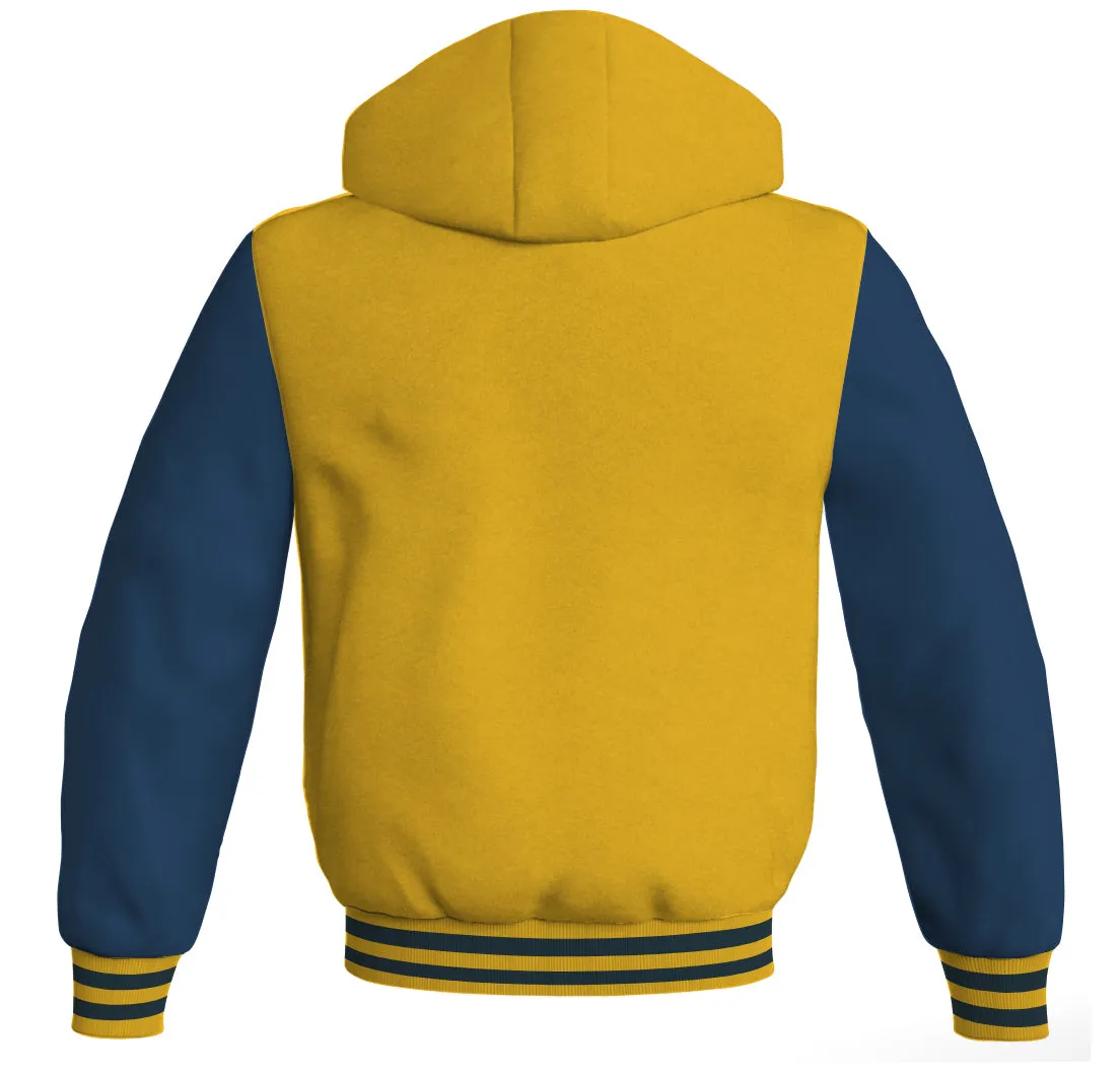 Letterman Bomber Hoodie Jacket Yellow/Gold Body Navy Blue Leather Sleeves